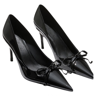 NanaJacqueline立体蝴蝶结漆皮高跟鞋10.5cm尖头浅口单鞋女高级感