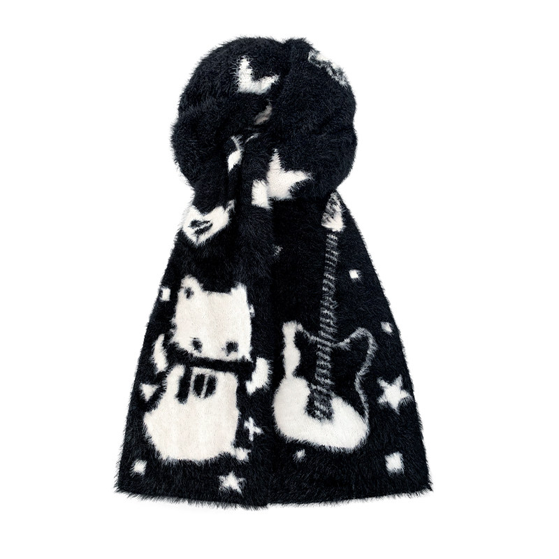 原创设计黑白双面吉他猫毛绒围巾女秋冬保暖防寒情侣百搭护颈围脖