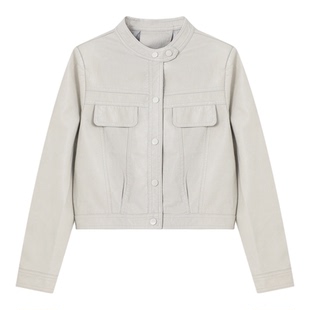 Basic House/百家好米色圆领PU皮短款外套女春季百搭休闲长袖夹克