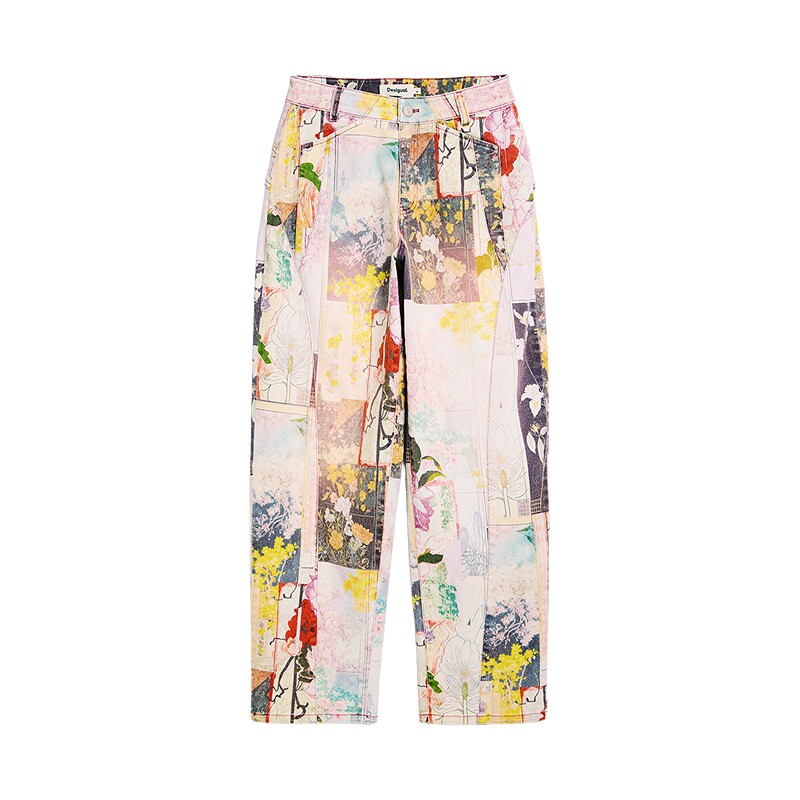 Desigual26秋冬新品拼贴花卉做旧直筒印花女式牛仔裤