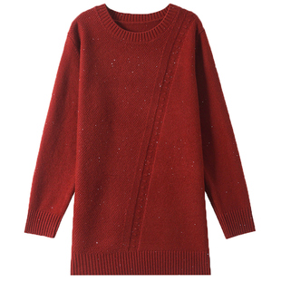 恒源祥圆领羊毛衫女中长款秋冬新款大码宽松加厚遮屁股针织打底衫