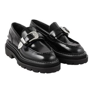 SANDROOutlets经典款女士时尚光泽牛皮革金属扣黑色乐福鞋