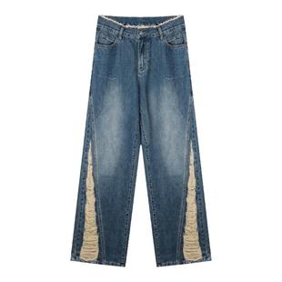 安妮不火 设计感复古做旧破洞牛仔裤女2024早秋新款微胖大码裤子