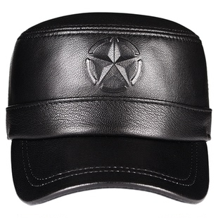 真皮五角星平顶鸭舌帽男士秋冬户外出游帽山羊皮中老年帽子老人帽