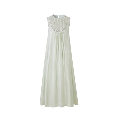 Sun雅乔【清花赋】新款无袖宽松A字裙重工珍珠流光缎背心式连衣裙