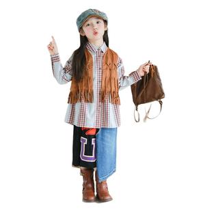 大耳象女童拼接字母绣牛仔半裙春季新款儿童小众休闲半身裙子