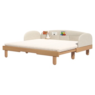 蒙氏地台床儿童床榉木可伸缩加宽抽拉床儿童房地板床带围栏实木床