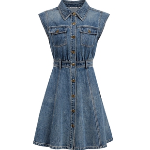 ONLY2026春季新款优雅显瘦收腰水洗A字裙无袖翻领牛仔连衣裙女