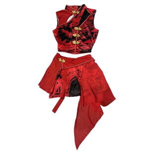 国潮红色年会女团演出服中国风古典爵士舞蹈套装舞台表演服装成人
