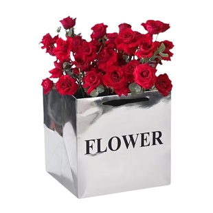 网红镜面鲜花手提袋花束包装袋高级银色礼品袋方形蛋糕店花店定制