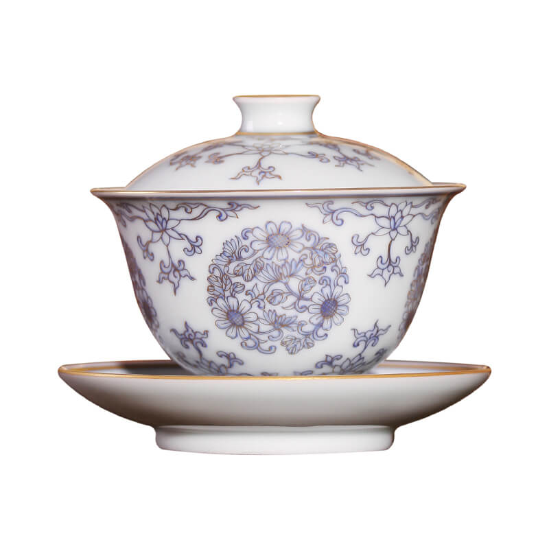 【上新】自慢堂盖碗泡茶壶手绘青花团菊描金景德镇陶瓷茶杯主人杯