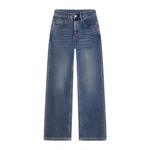 EVAOUXIU宽松直筒牛仔裤显瘦复古高腰加绒加厚长裤子2025春季新款