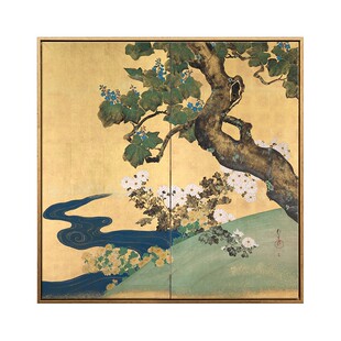 酒井抱一 桐菊流水图日式家居装饰画中古茶楼挂画新中式书房墙画