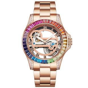 【送女友】蒂玮娜秋冬彩虹方钻手表女奢华镂空透底大表盘机械表