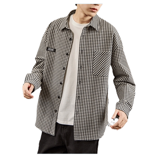唐狮春季新款格子衬衫男复古黑白格纹外套休闲百搭港风衬衫长袖潮
