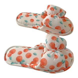 细细条 舒适居家亚麻布棉拖鞋女四季通用可爱蝴蝶结防滑地板鞋秋