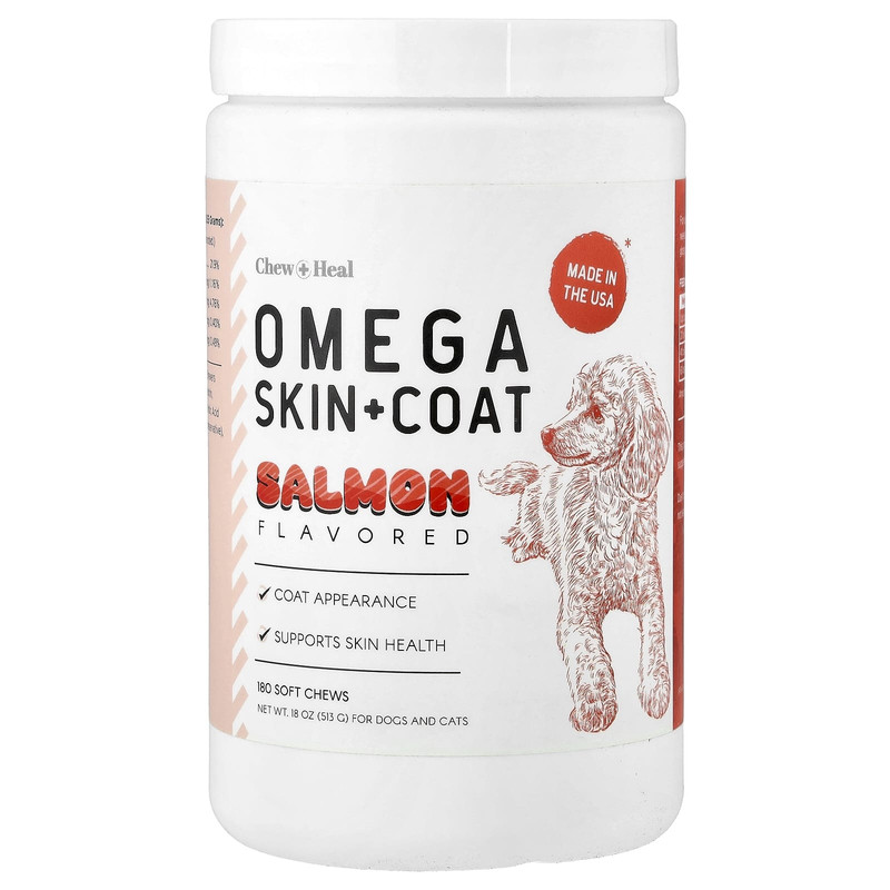 Chew + Heal,Omega 皮毛支持配方,猫狗专用,鲑鱼味,180 片咀嚼