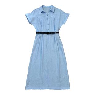 AURORA2025年夏季新款设计师款编织腰带衬衣领短袖亚麻连衣裙长裙