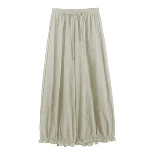 秋装卡其色九分花边气球裤女款大码胖mm显瘦慵懒风阔腿灯笼花苞裤