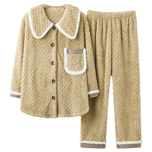 猫人女士家居服保暖套装珊瑚绒睡衣磨毛长裤上衣冬季居家女可外穿