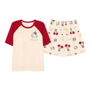 卡之恋睡衣女款夏带胸垫短袖纯棉薄款红色樱桃猫咪印花短裤家居服