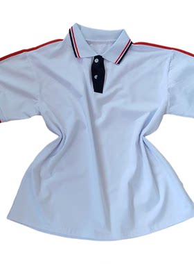夏季款白色校服短袖上衣肩上大红藏蓝2条男女通用T恤班服POLO衫