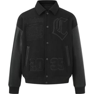 CHINISM丨毛呢拼接翻领棒球夹克男美式男生刺绣夹棉加厚保暖外套