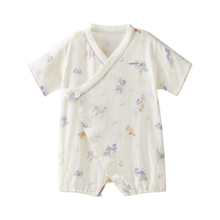 嫚熙婴儿连体衣夏季衣服婴儿睡衣短袖满月宝宝纱布哈衣新生婴儿