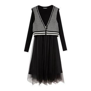 水云间黑色针织拼接长袖连衣裙女秋季新款2025短款马甲外套两件套