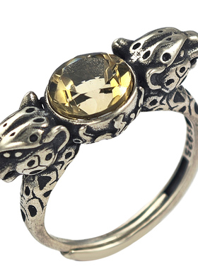 郑银季S925银黄水晶女戒指尼泊尔风格双头猎豹夸张个性指环可调节