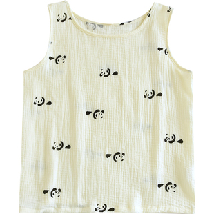 夏薄纯棉泡泡棉纱卡通碎花圆领套头无袖小背心大码上衣家居睡衣女