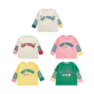 幼悠 女童卡通印花假两件T恤春季俏皮可爱动物绣标棉柔透气上衣潮