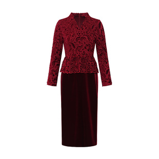黛玛诗秋冬新款高级感妈妈装婚宴礼服假两件拼接蕾丝连衣裙女优雅