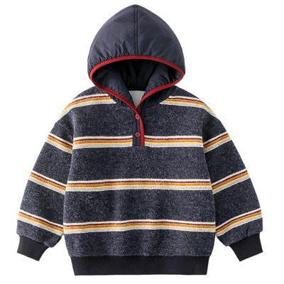 男童加绒连帽卫衣冬款2025新款儿童一体绒条纹时尚帅气保暖上衣潮