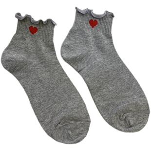 kikiyasocks韩国女袜子东大门2022春季波浪木耳边爱心棉质短筒袜