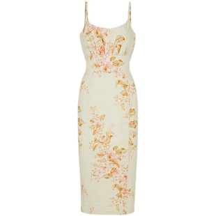 【断码清仓】Ching's 订染印花吊带裙 棉麻复古包臀裙开衩连衣裙