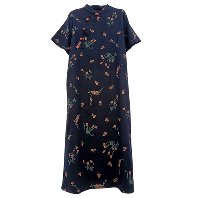 通勤文艺A型棉麻碎花盘扣