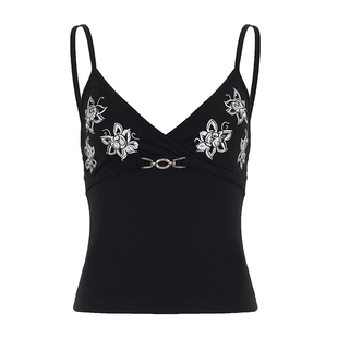 WEEKEEP 复古V领花卉印花金属扣吊带背心辣妹性感修身收腰上衣