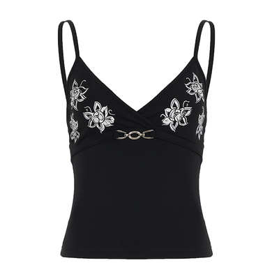 WEEKEEP 复古V领花卉印花金属扣吊带背心辣妹性感修身收腰上衣