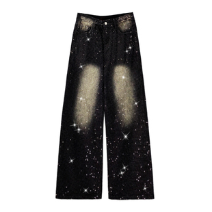 烫钻满天星撞色休闲牛仔裤女秋新款高腰宽松显瘦百搭直筒阔腿裤子