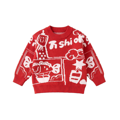 2025新年儿童红色圆领毛衣
