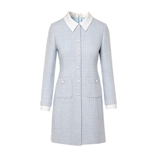 朗姿莱茵福莱尔法式精致气质高端格纹花呢撞色翻领长袖连衣裙女冬