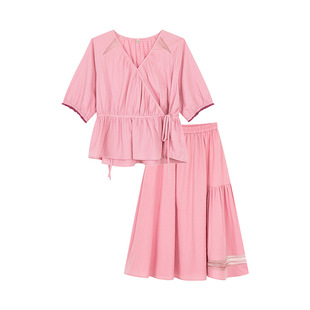 一城画一夏季V领时尚收腰设计上衣松紧腰半裙套装两件套