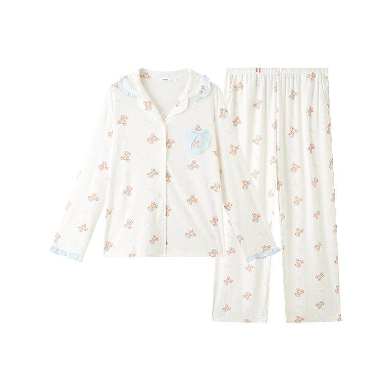 三福女春季翻领小熊满印套装 甜系多巴胺宽松磨毛家居服515113