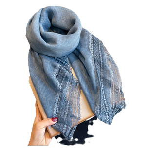 灰色蕾丝薄围巾女春秋夏季系脖丝巾妈妈护颈长纱巾围脖子披肩两用