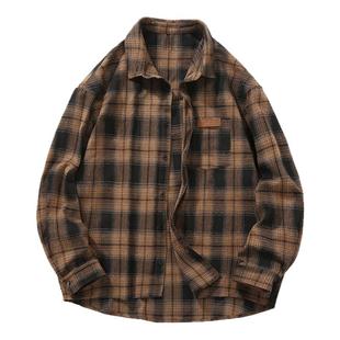 格纹长袖衬衫男加肥加大码潮流胖子宽松复古休闲上班简约春季外套