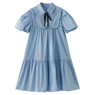 女大童蓝色学院风连衣裙2024夏装新款青少年淑女清新薄棉裙衬衫裙