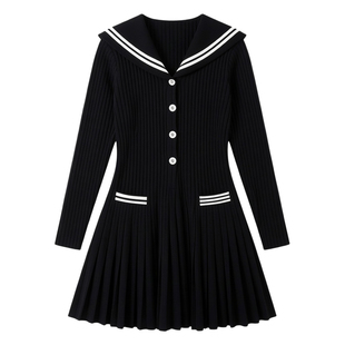 春装女款2026年新款针织连衣裙高级感海军领减龄气质小个子A字裙