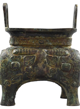 西周仿古饕餮三足立耳青铜鬲摆件