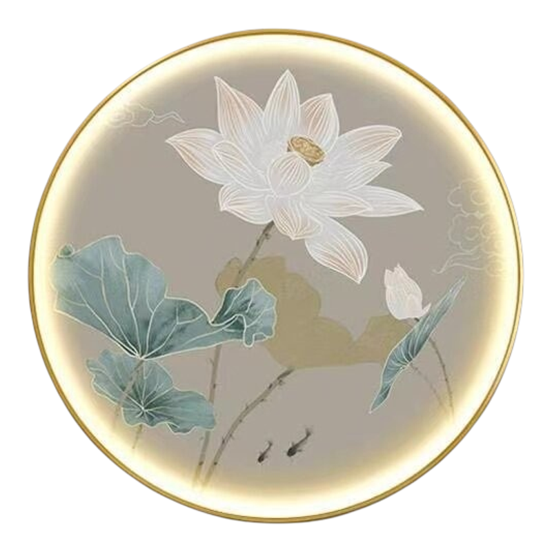 荷花新中式圆形装饰画轻奢玄关书房禅意灯画茶室水墨意境莲花圆画